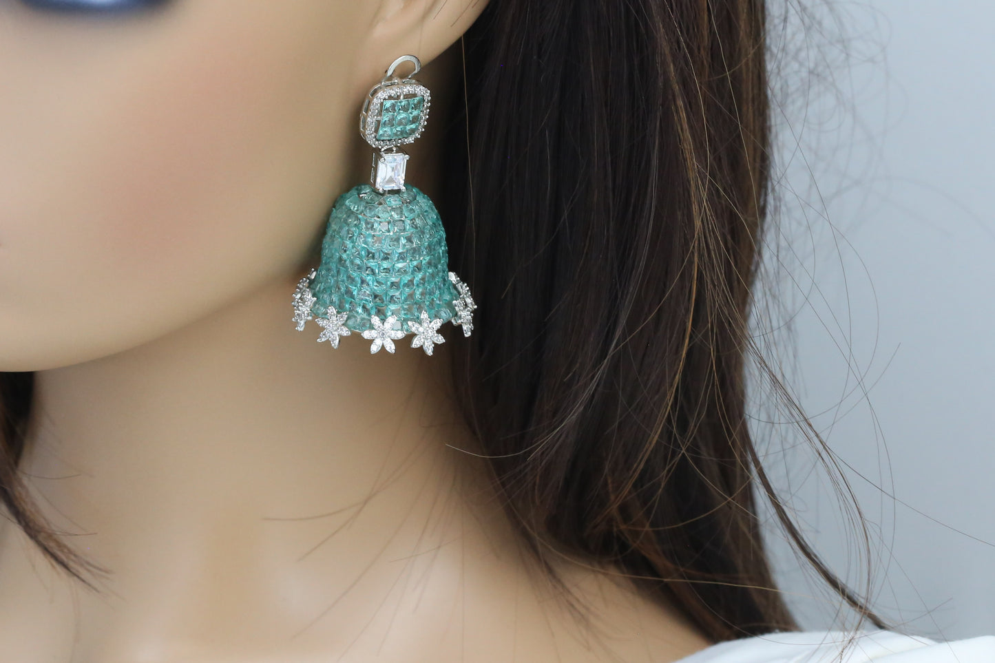 Teal Invisible Setting Jhumka - Large Size
