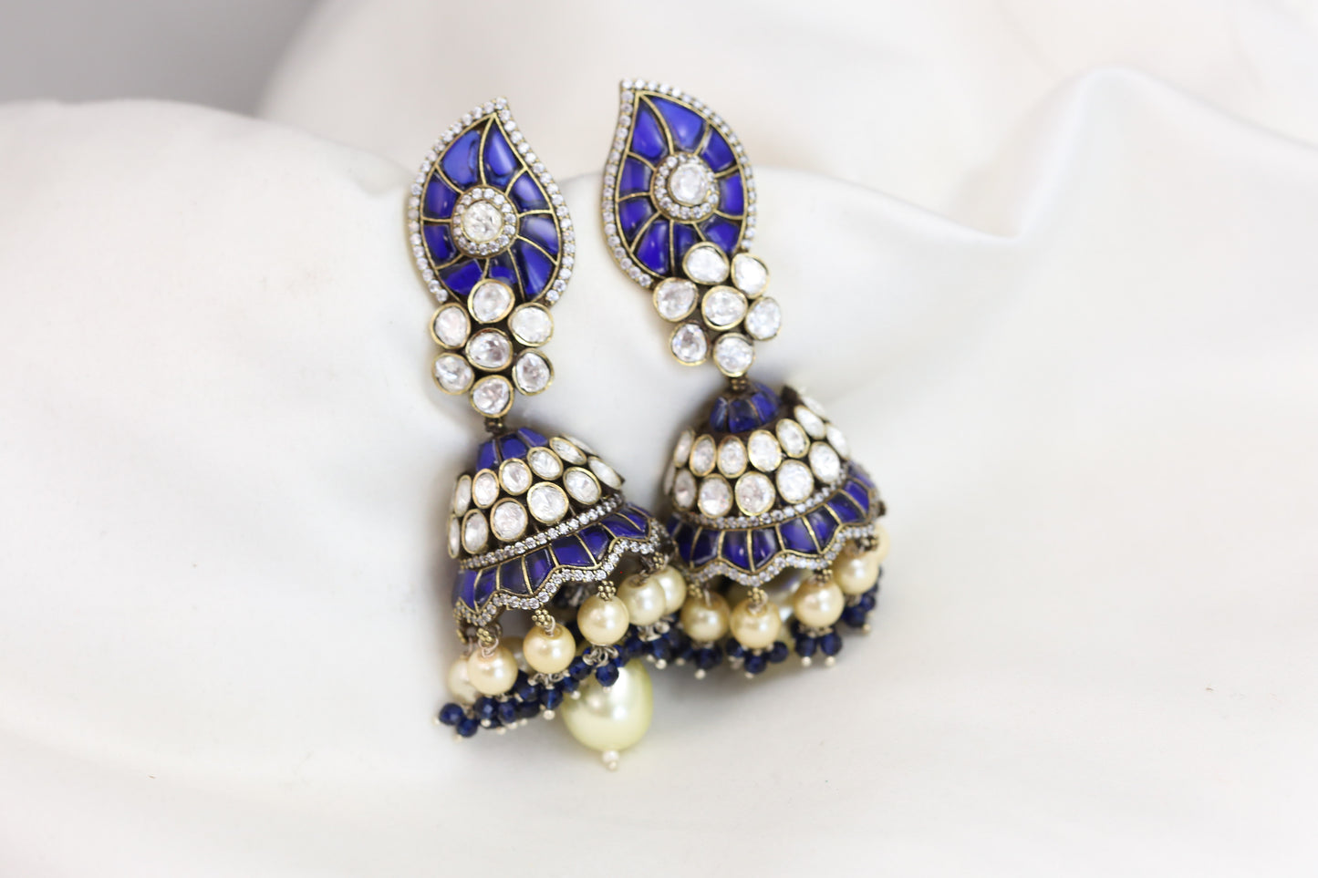 Real Moissanite Blue Jadau Kundan Victorian Jhumka