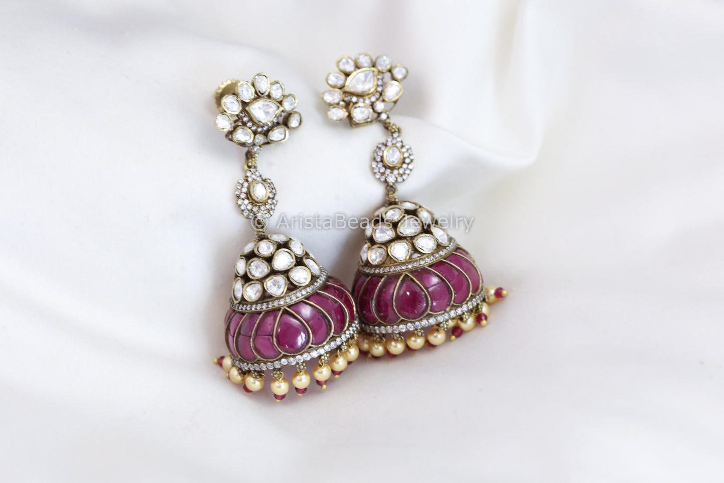 Real Moissanite Victorian Jhumka - Ruby Kundan