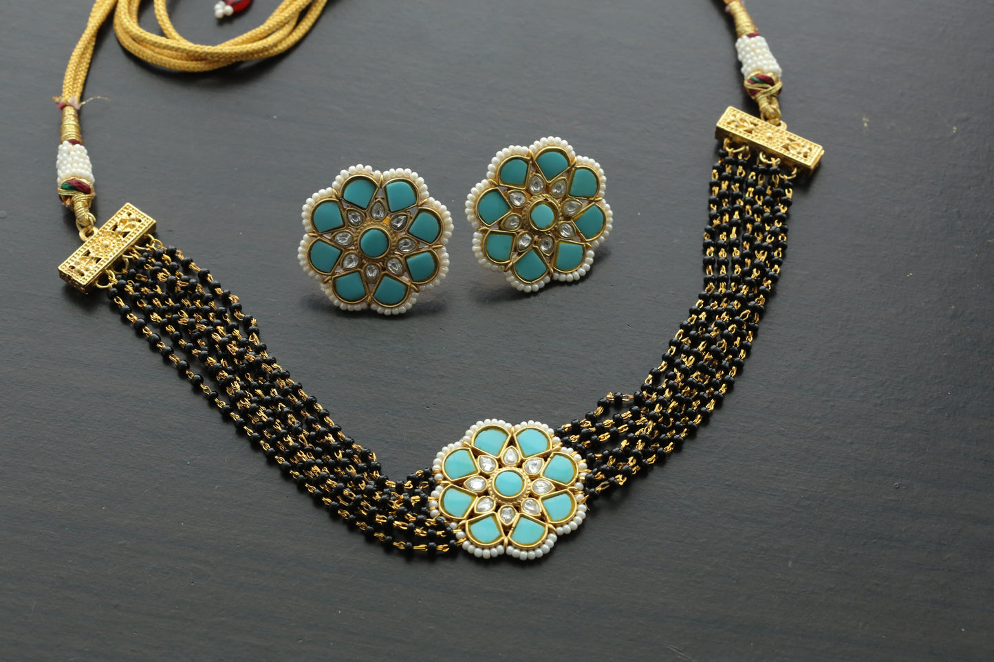 Black Bead Jadau Necklace Set - Turquoise
