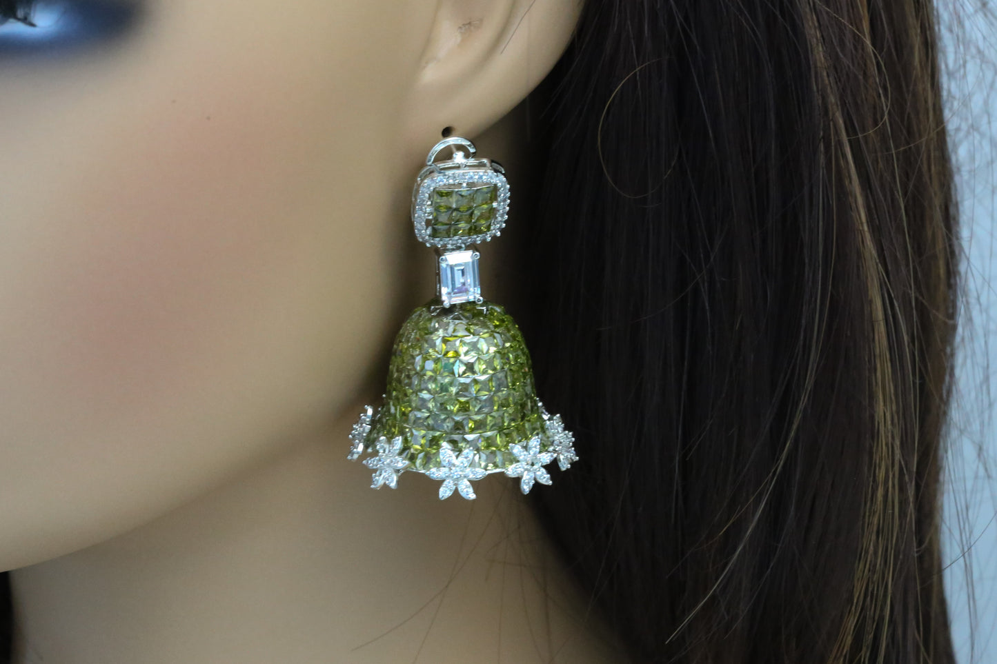 Olive Green Invisible Setting Jhumka - Small Size