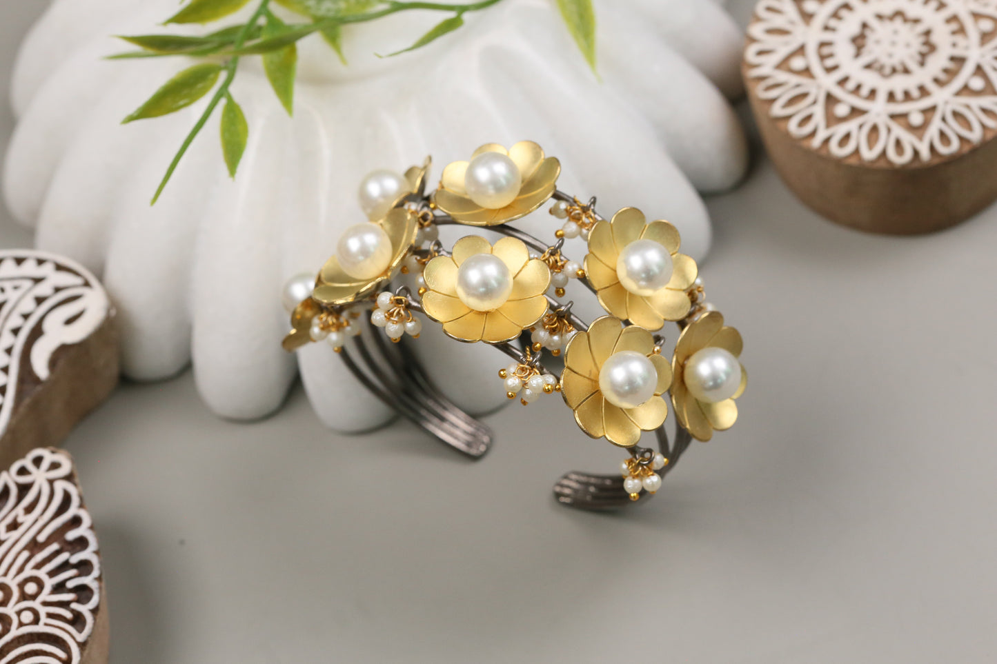 Antique Dual Tone Pearl Bracelet ( Adjustable)