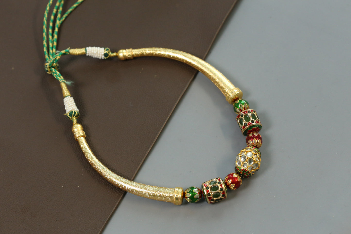 Jadai Work Hasli Kantha Necklace - Green Red