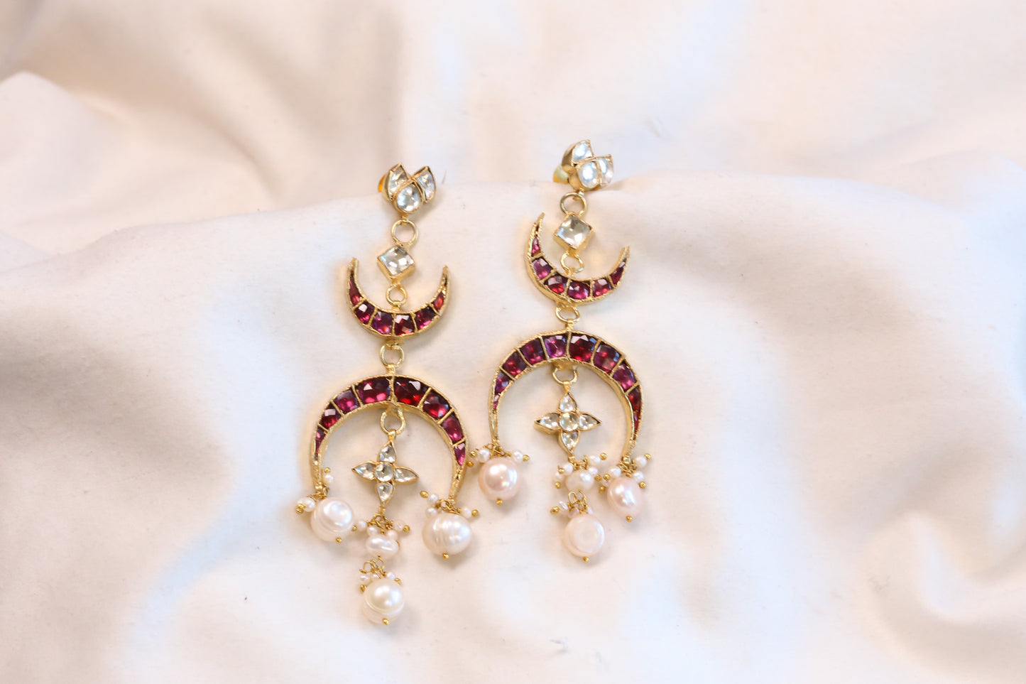Taara Rhodolite Kundan Earrings - Real Pearl Drops