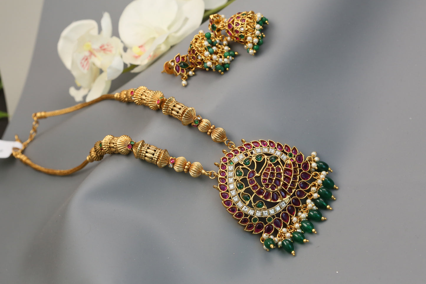 Kemp Antique Gold Necklace Jhumka Set (104-58)