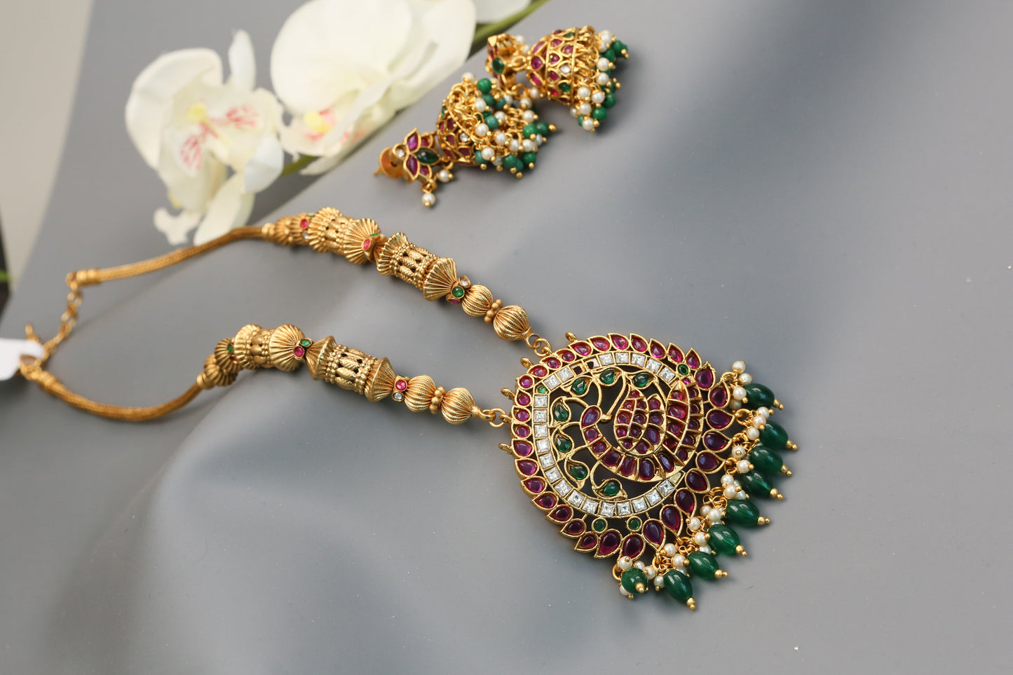 Kemp Antique Gold Necklace Jhumka Set (104-58)