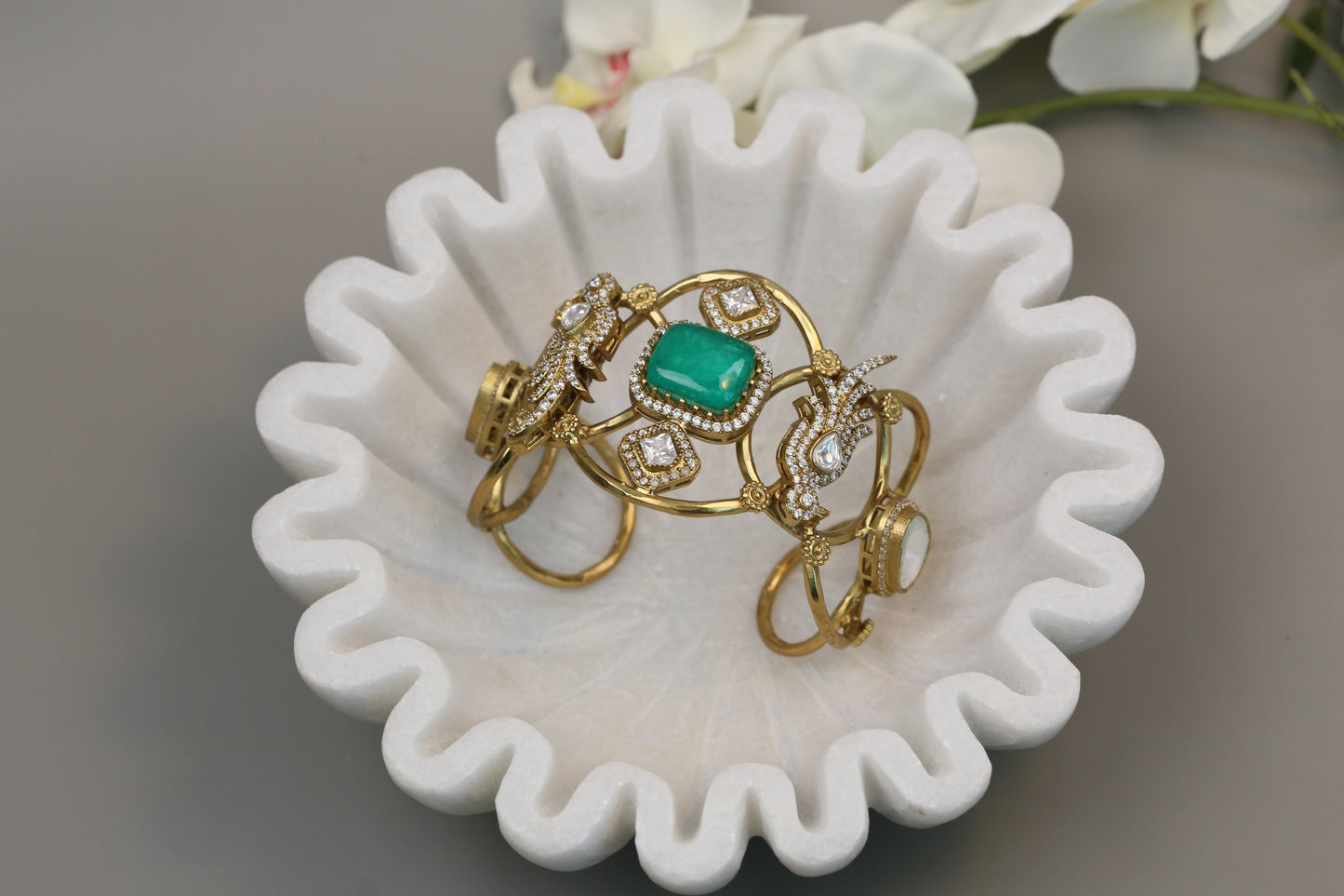 Silver Look Alike Polki, CZ & Doubet Bracelet (Adjustable) - Green