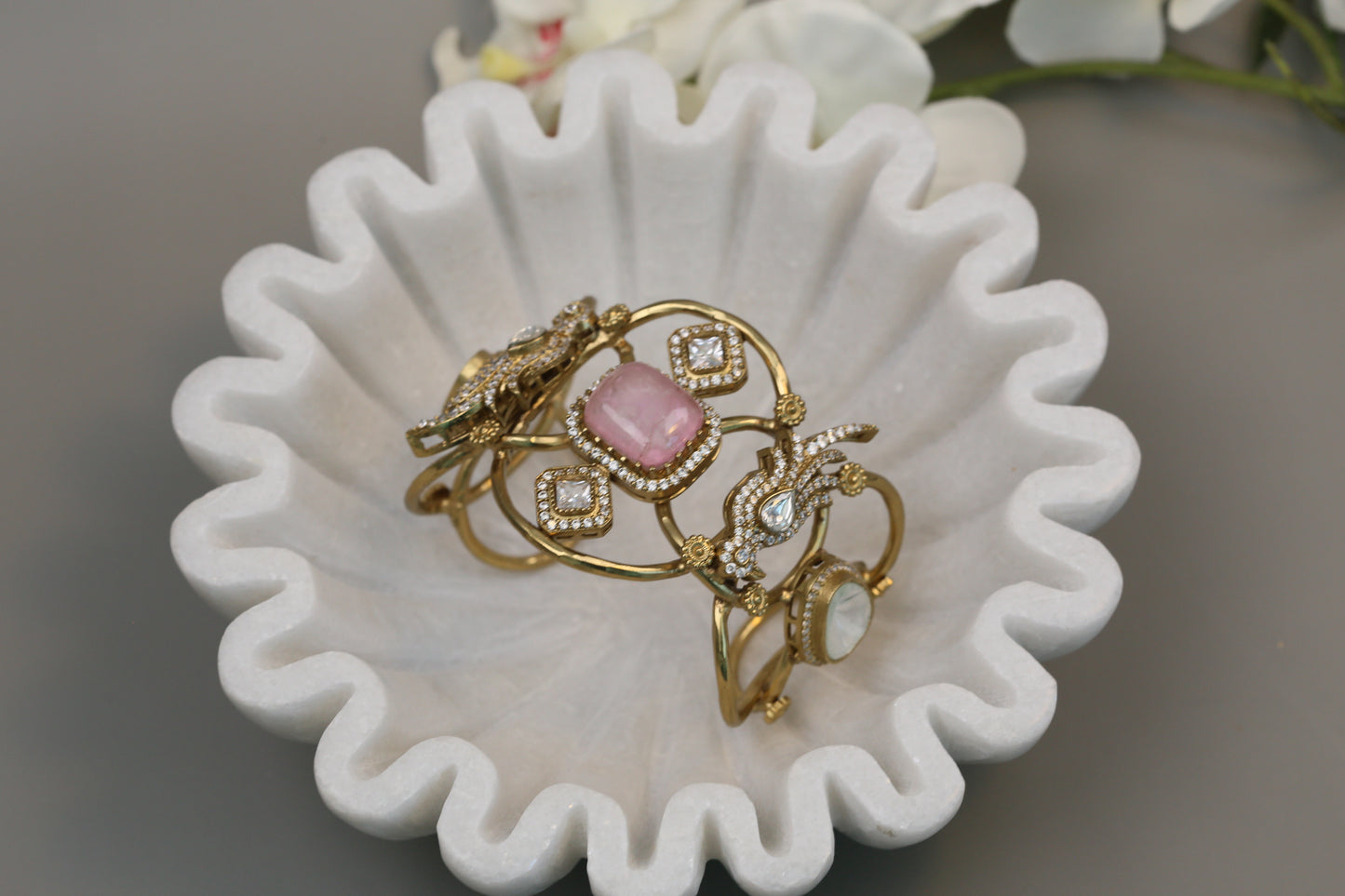 Silver Look Alike Polki, CZ & Doubet Bracelet (Adjustable) -Pink