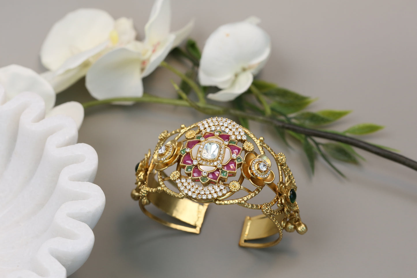 Silver Look Alike Polki, CZ & Jadau Bracelet (Adjustable)