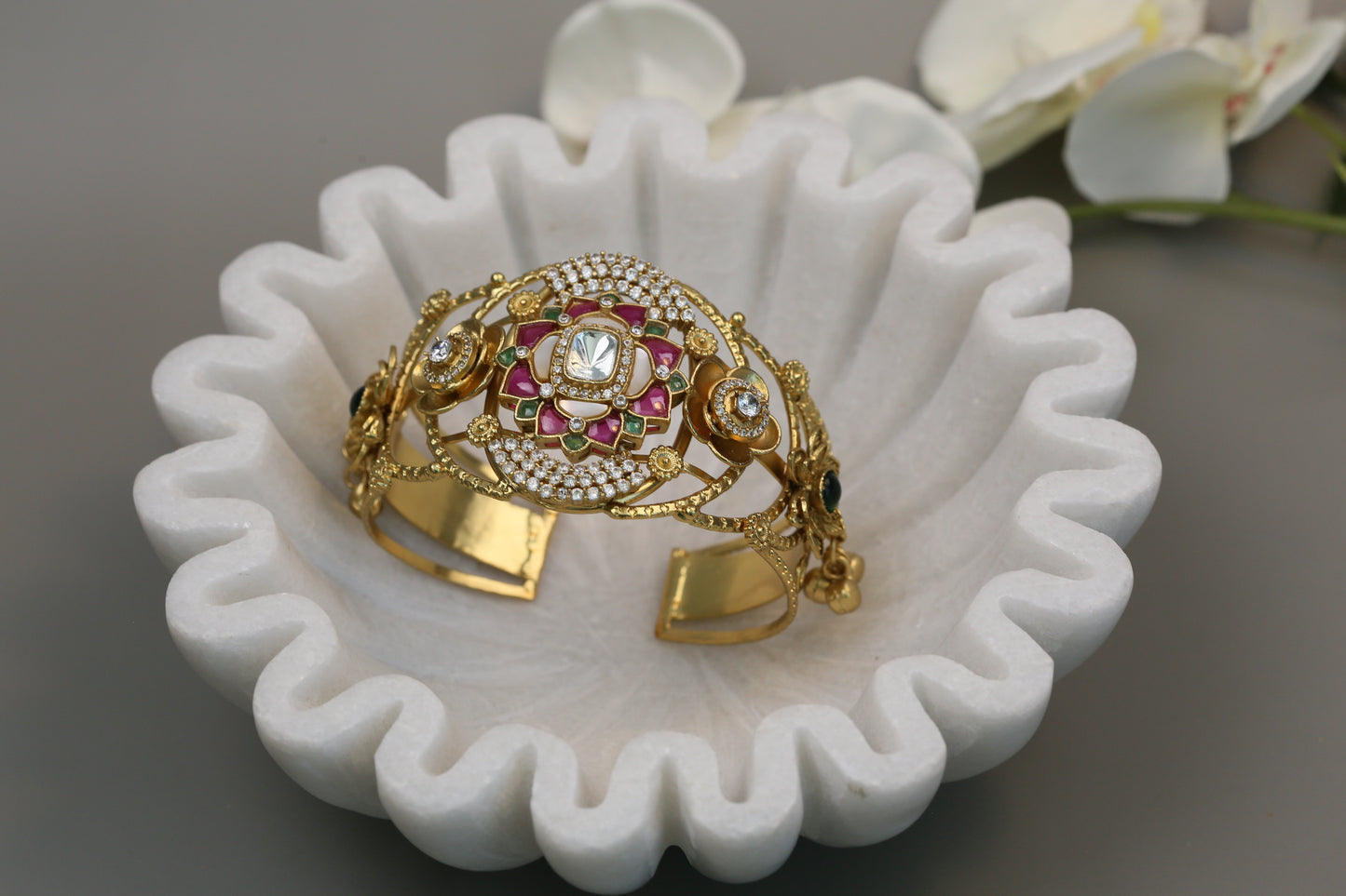 Silver Look Alike Polki, CZ & Jadau Bracelet (Adjustable)