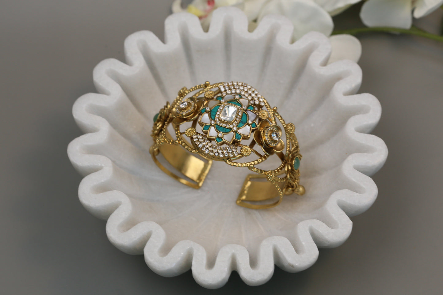 Silver Look Alike Polki, CZ & Jadau Bracelet (Adjustable)