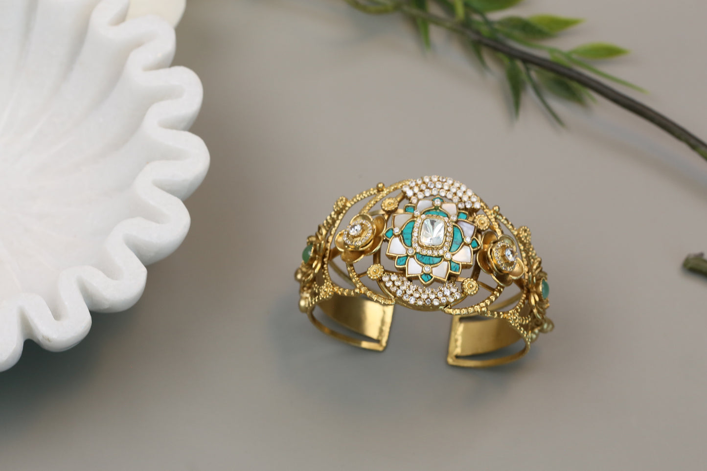 Silver Look Alike Polki, CZ & Jadau Bracelet (Adjustable)