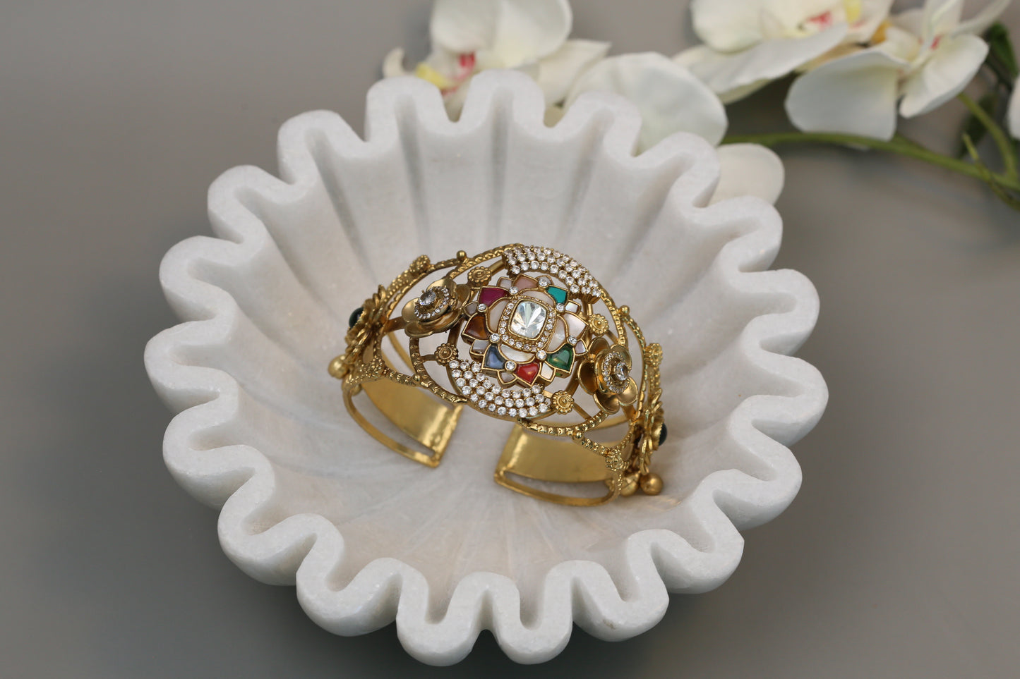 Silver Look Alike Polki, CZ & Jadau Bracelet (Adjustable)