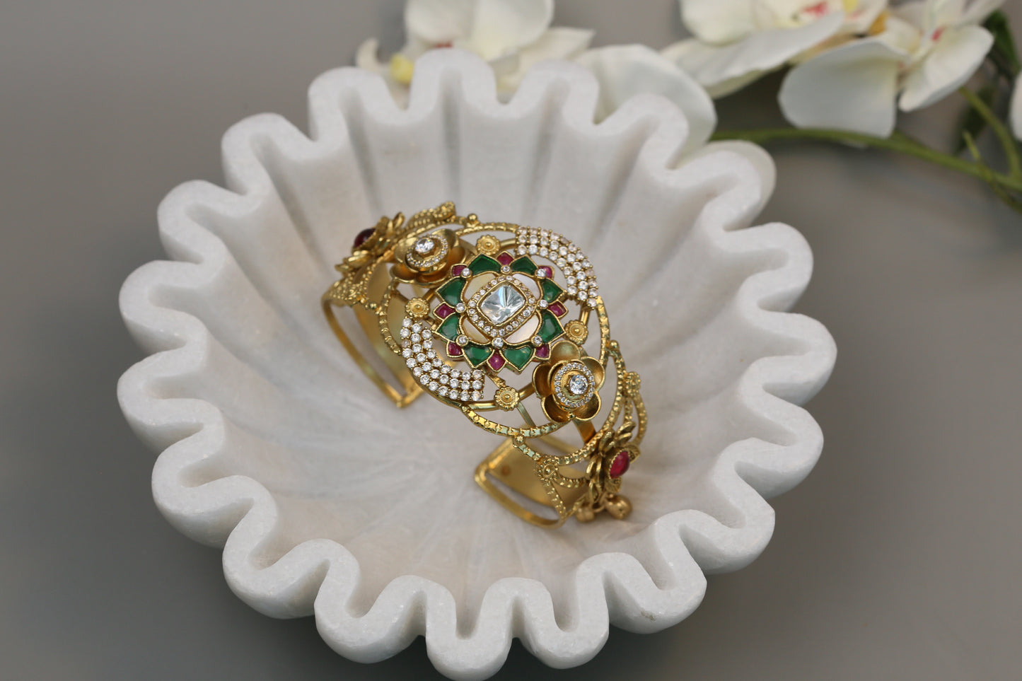 Silver Look Alike Polki, CZ & Jadau Bracelet (Adjustable)