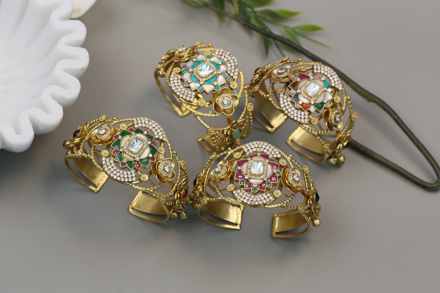 Silver Look Alike Polki, CZ & Jadau Bracelet (Adjustable)