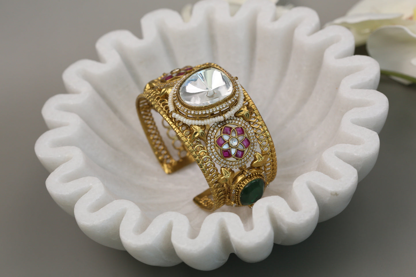 Silver Look Alike Polki, Doublet & Jadau Bracelet (Adjustable)