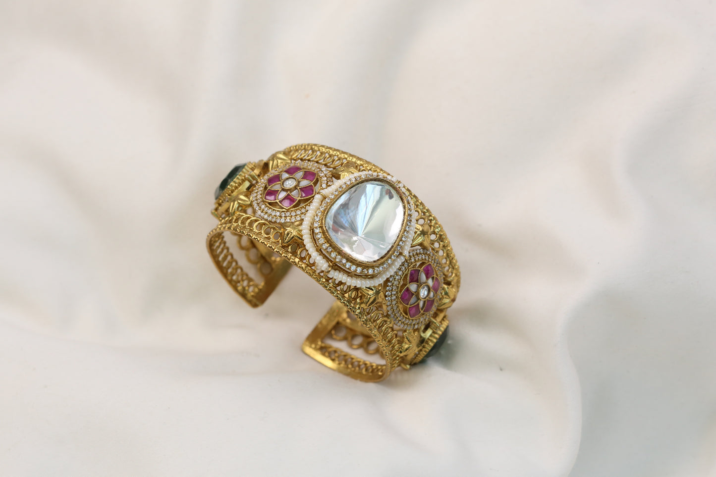 Silver Look Alike Polki, Doublet & Jadau Bracelet (Adjustable)