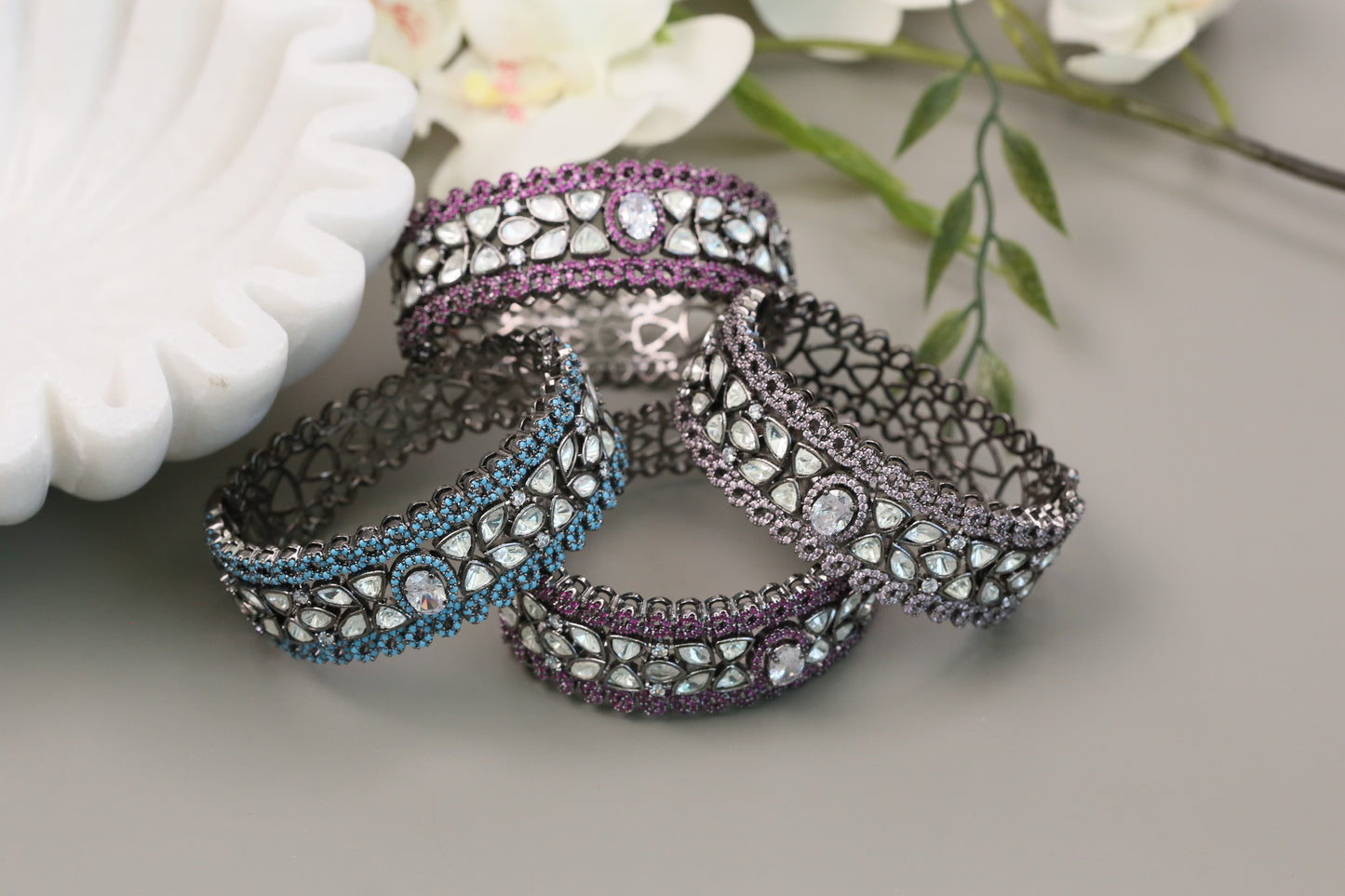 Micro Pave CZ & Polki Bangle Bracelet (Openable)