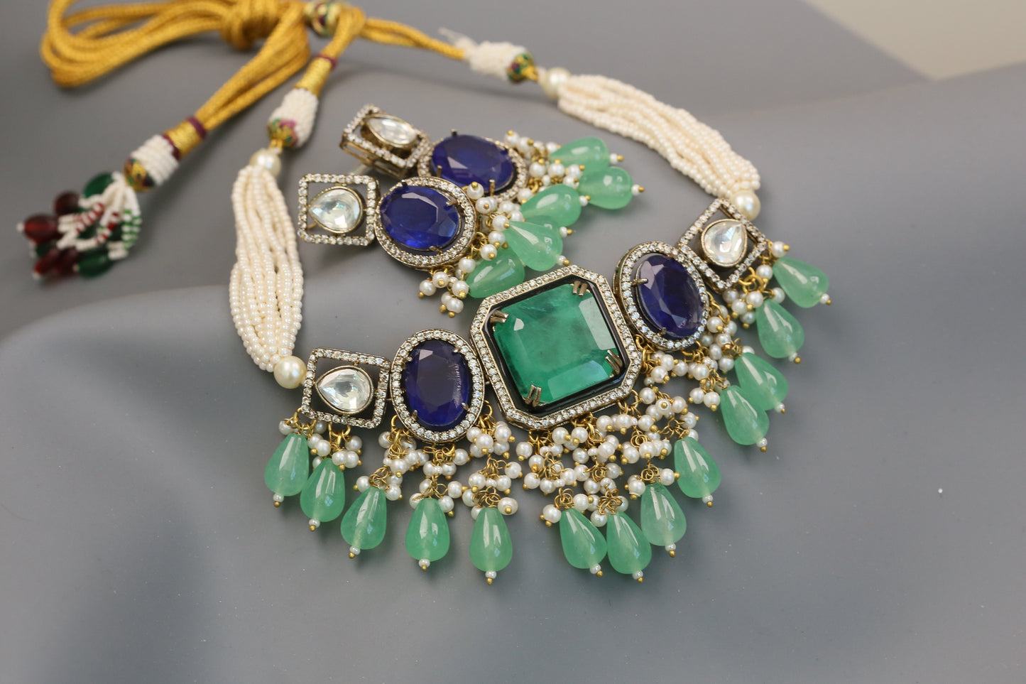 Rishita Doublet Choker Set (104-60) - Aqua Green & Blue