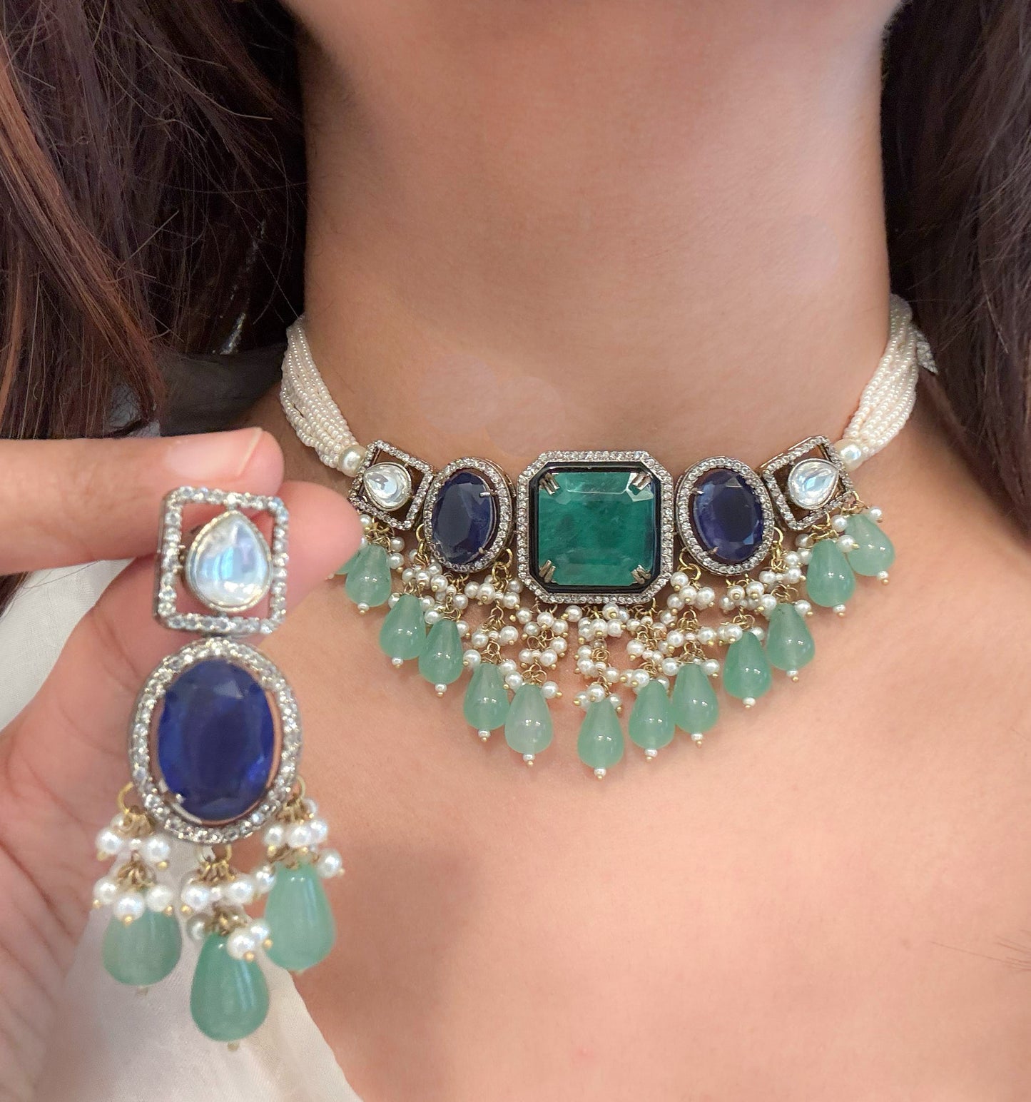 Rishita Doublet Choker Set (104-60) - Aqua Green & Blue