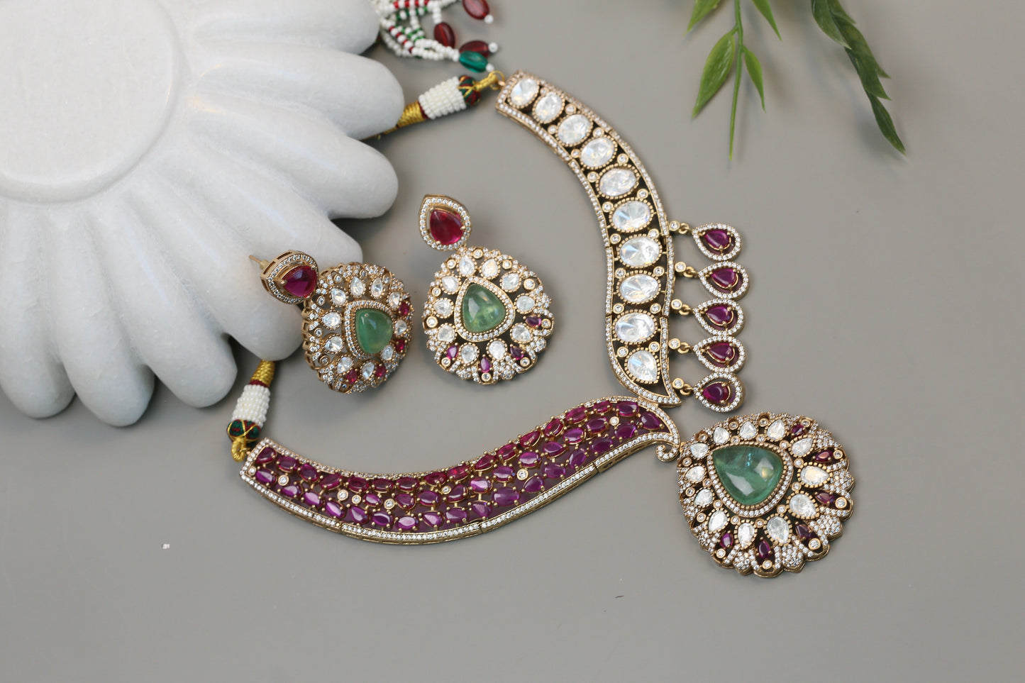Divya Moissanite, Pota Stones & Doublet Necklace Set - Ruby (104-64)