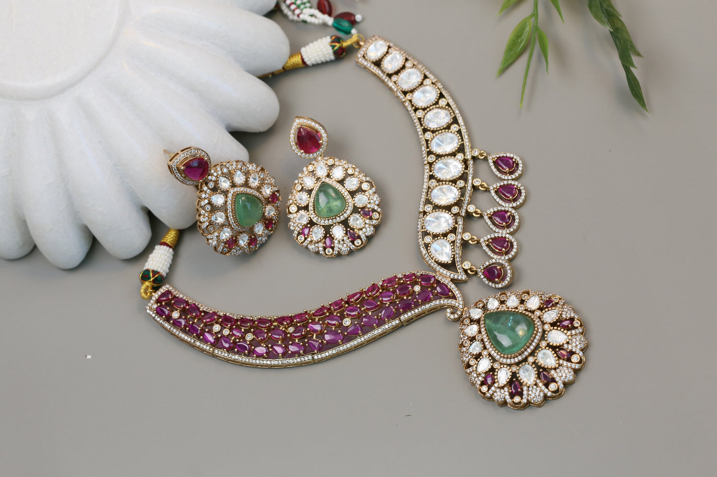 Divya Moissanite, Pota Stones & Doublet Necklace Set - Ruby (104-64)