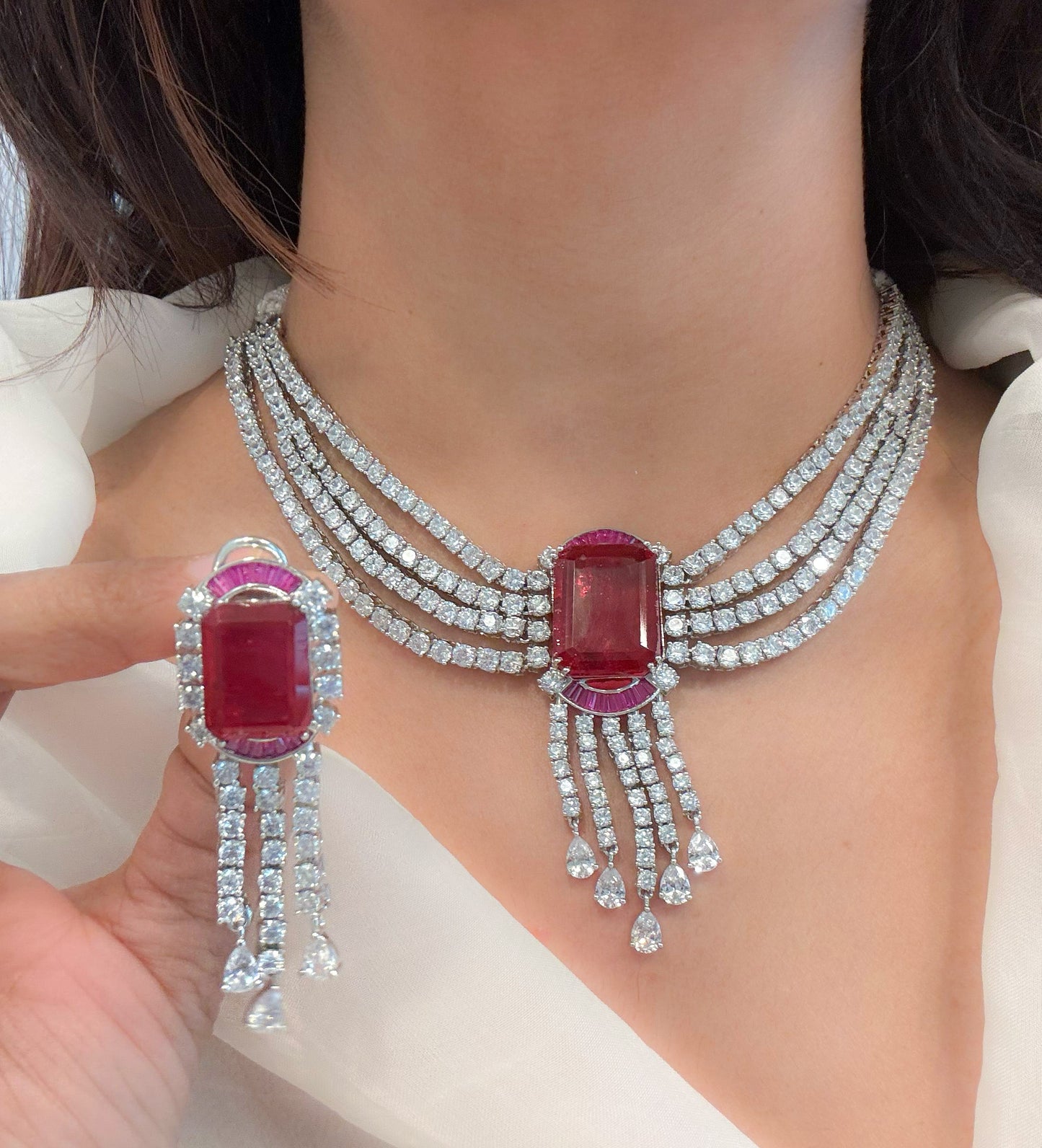 Grace Premium CZ Solitaire Diamond Look Necklace - Red