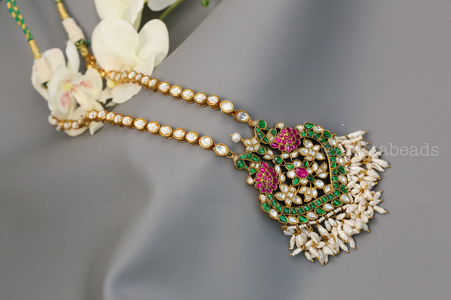 Real Pearls Sunehri Jadau Necklace (104-71) -Green