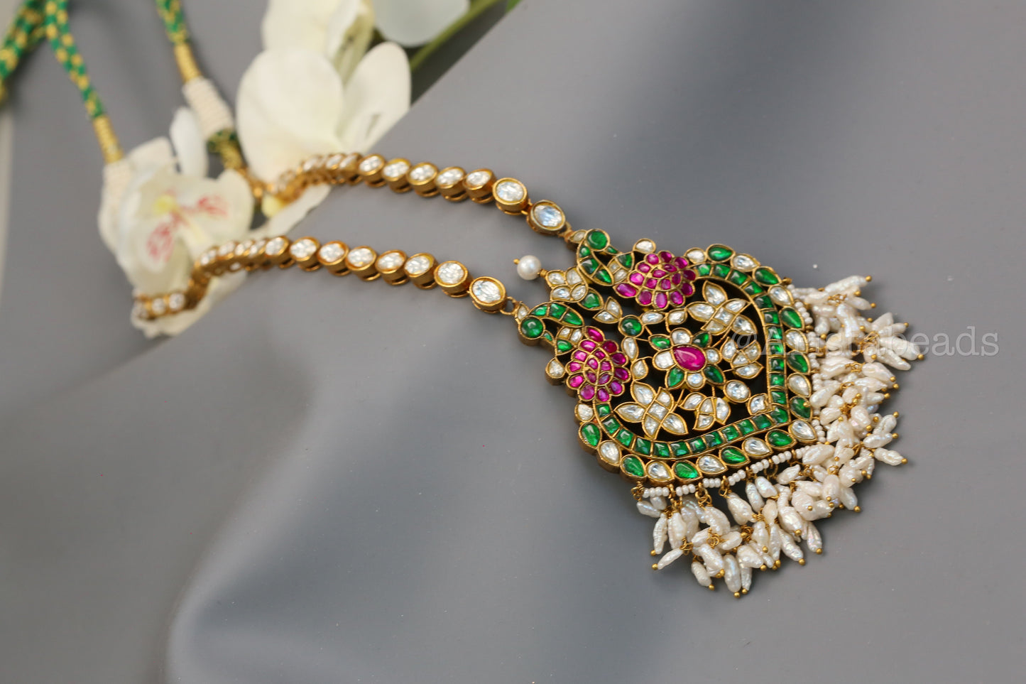 Real Pearls Sunehri Jadau Necklace (104-71) -Green