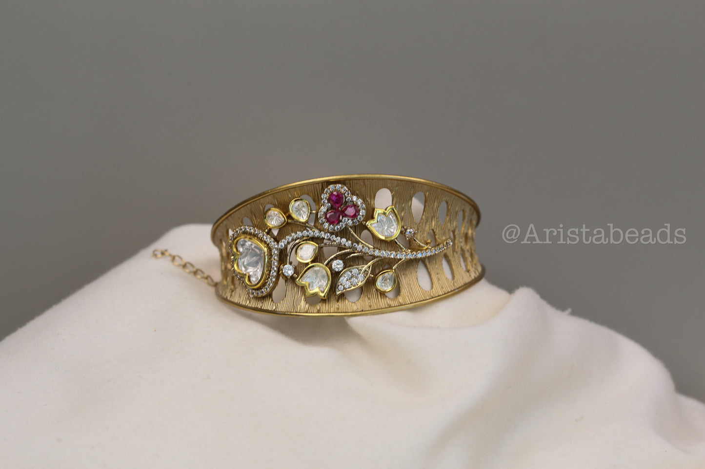 Ahaana Matt Gold Polk & CZ Bracelet (Adjustable) - Red