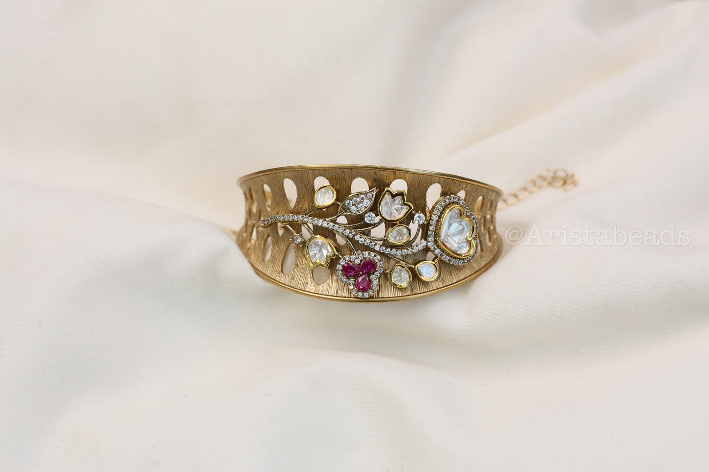 Ahaana Matt Gold Polk & CZ Bracelet (Adjustable) - Red