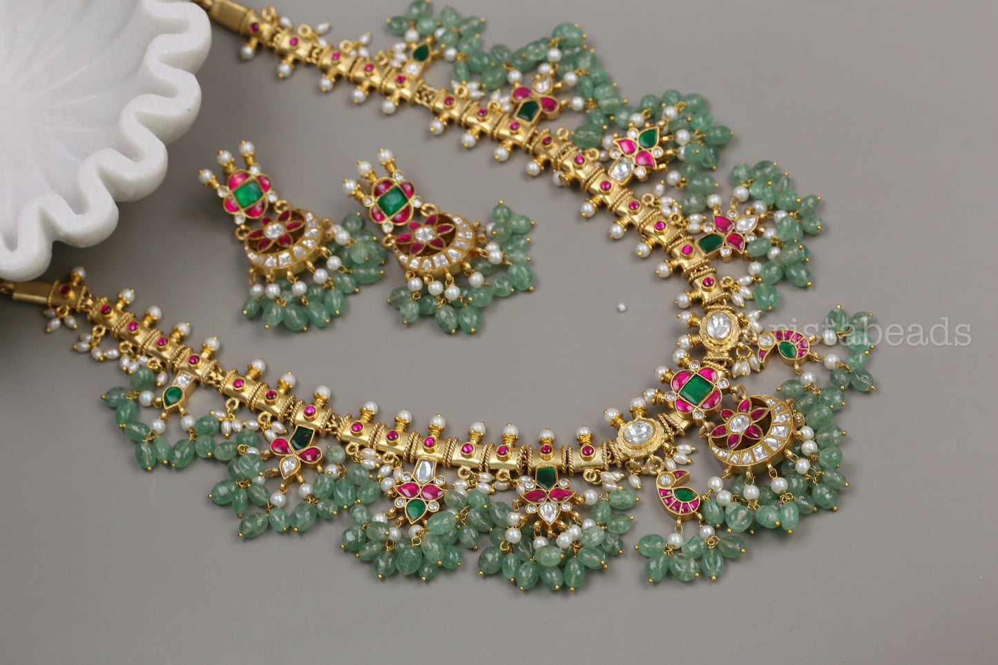 Handmade Jadau Guttapusalu Set With Aventurine Drops (104-72)