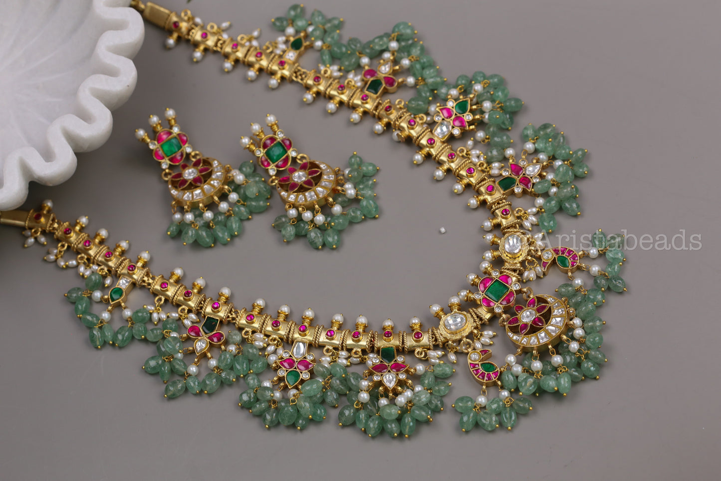 Handmade Jadau Guttapusalu Set With Aventurine Drops (104-72)