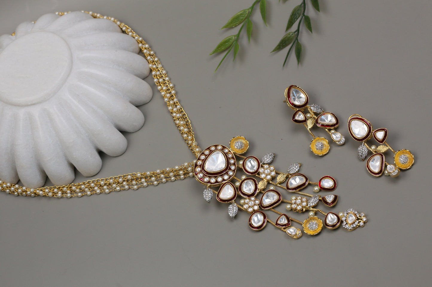 Noor Premium Contemporary Uncut Kundan Set - Red Enamel