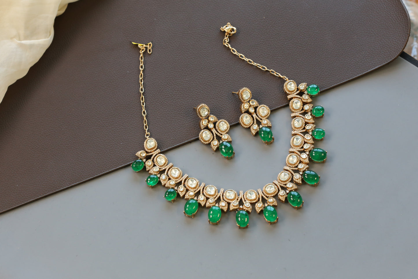 Emerald Pota Doublet Moissanite Polki Set
