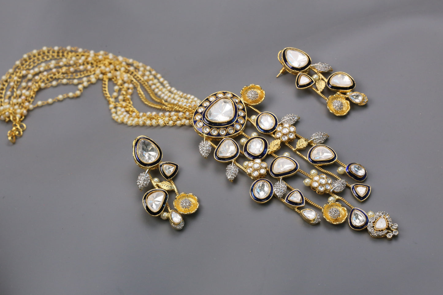Noor Premium Contemporary Uncut Kundan Set -Blue