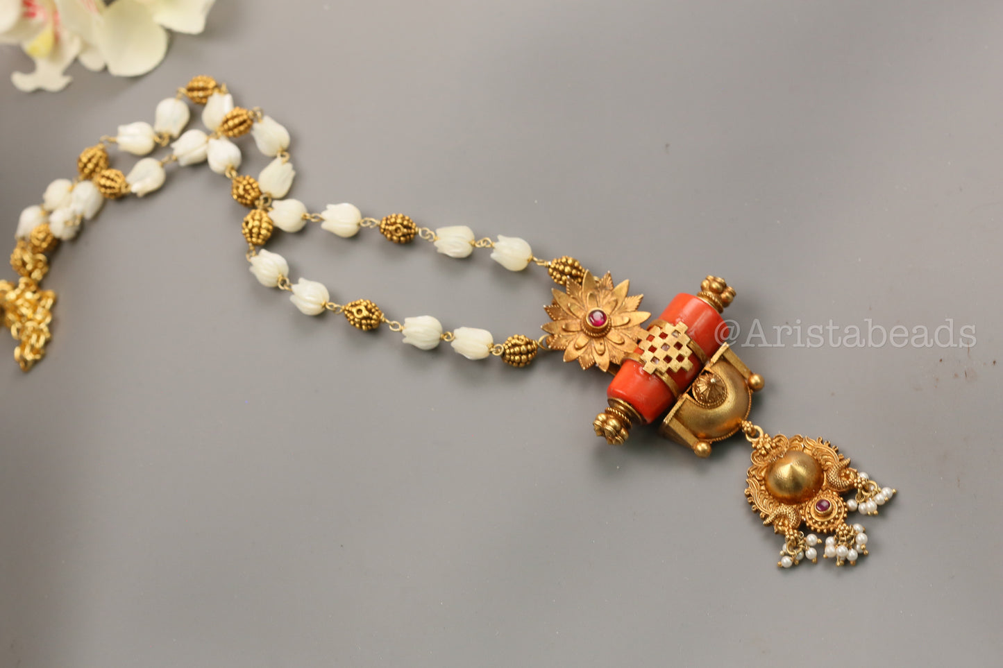 925 Silver Coral Temple Necklace In MOP Tulip Beads