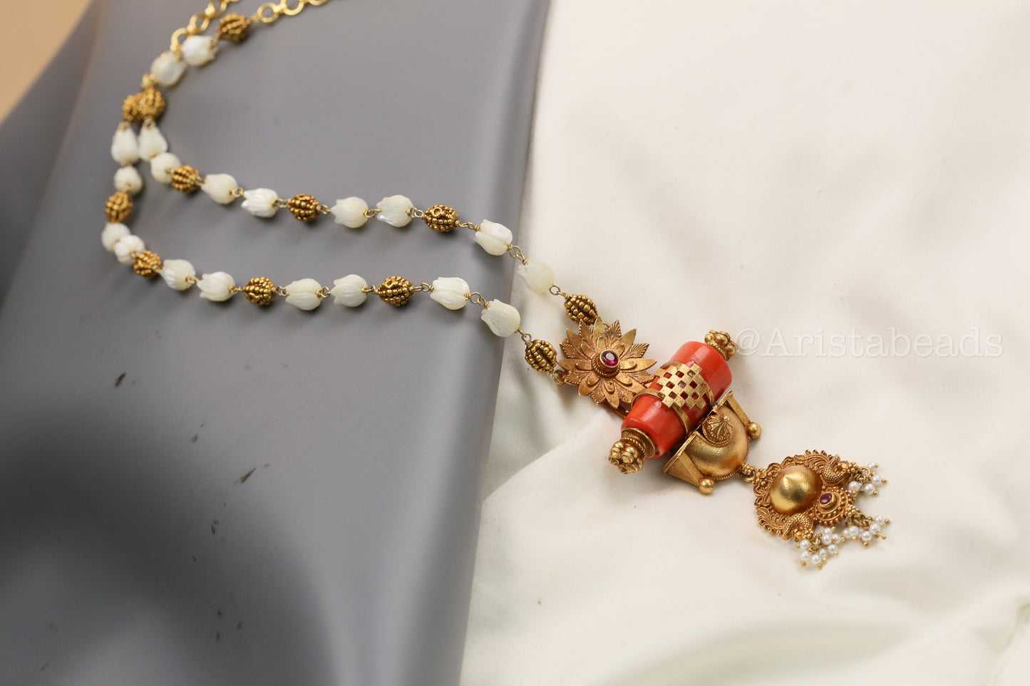 925 Silver Coral Temple Necklace In MOP Tulip Beads