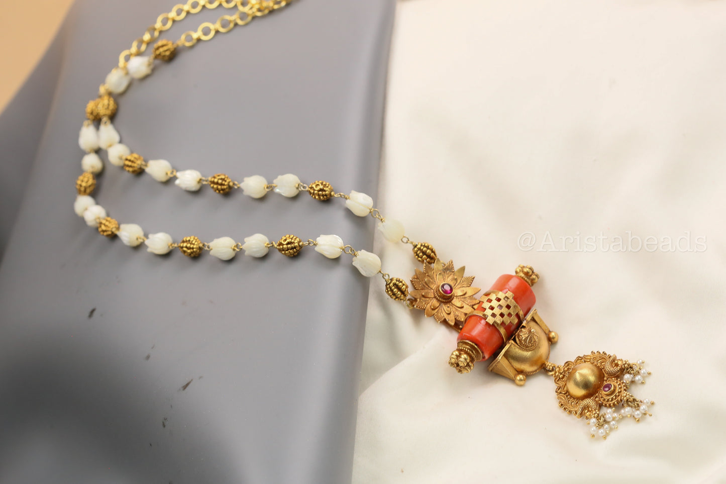925 Silver Coral Temple Necklace In MOP Tulip Beads