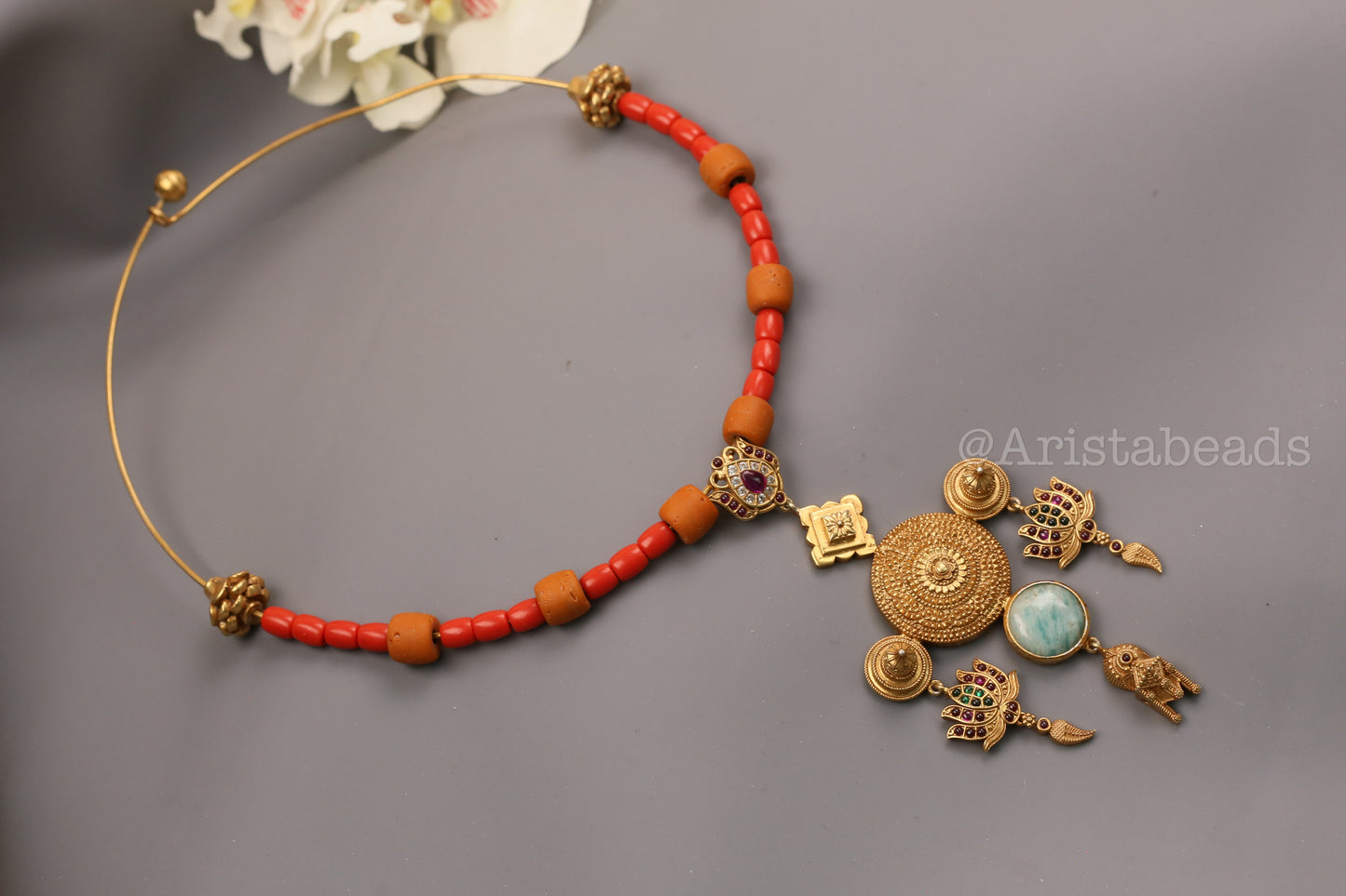 925 Silver Kemp Temple Hasli Necklace - Coral Beads