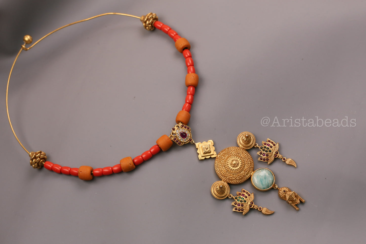 925 Silver Kemp Temple Hasli Necklace - Coral Beads
