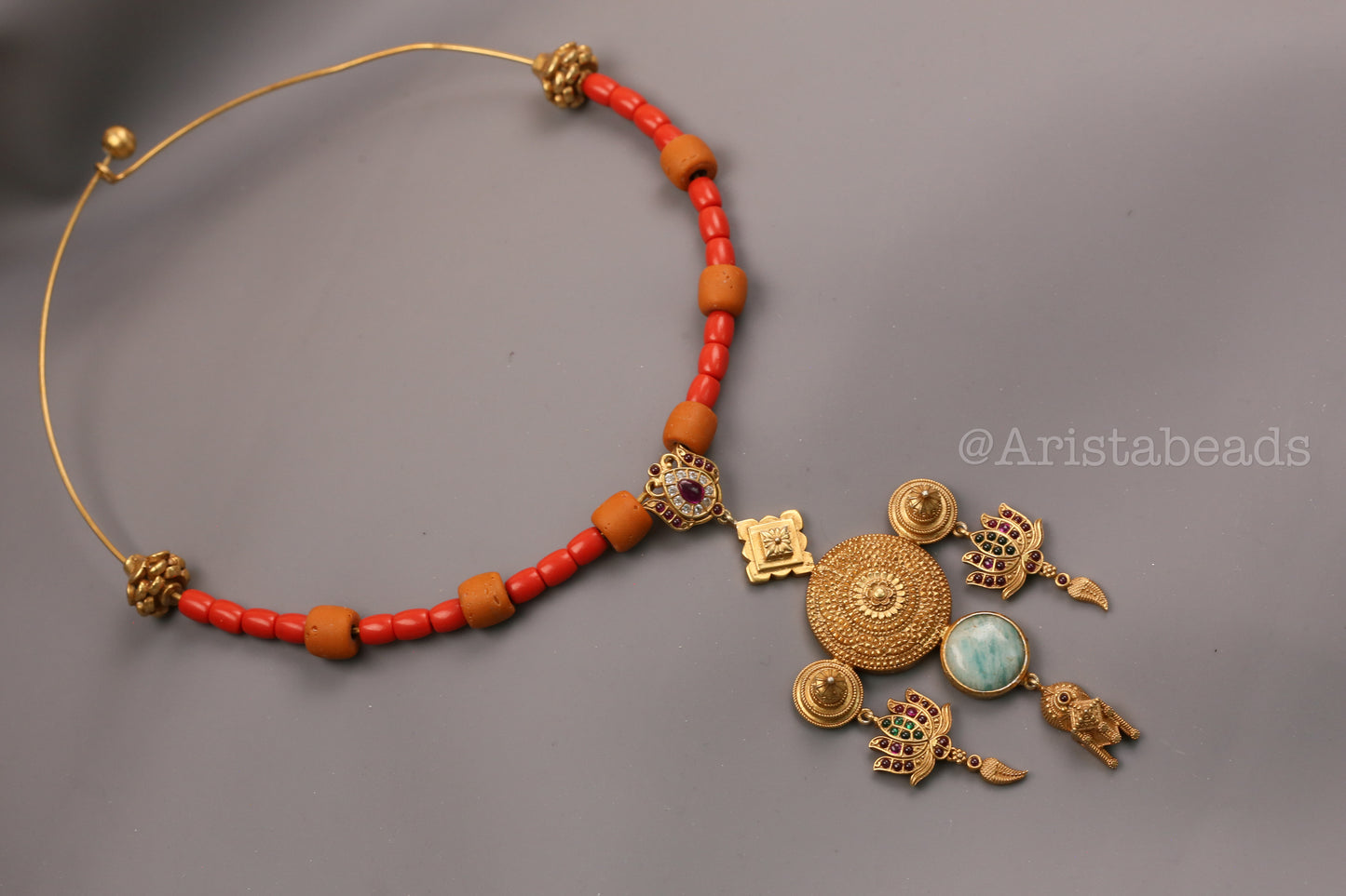 925 Silver Kemp Temple Hasli Necklace - Coral Beads