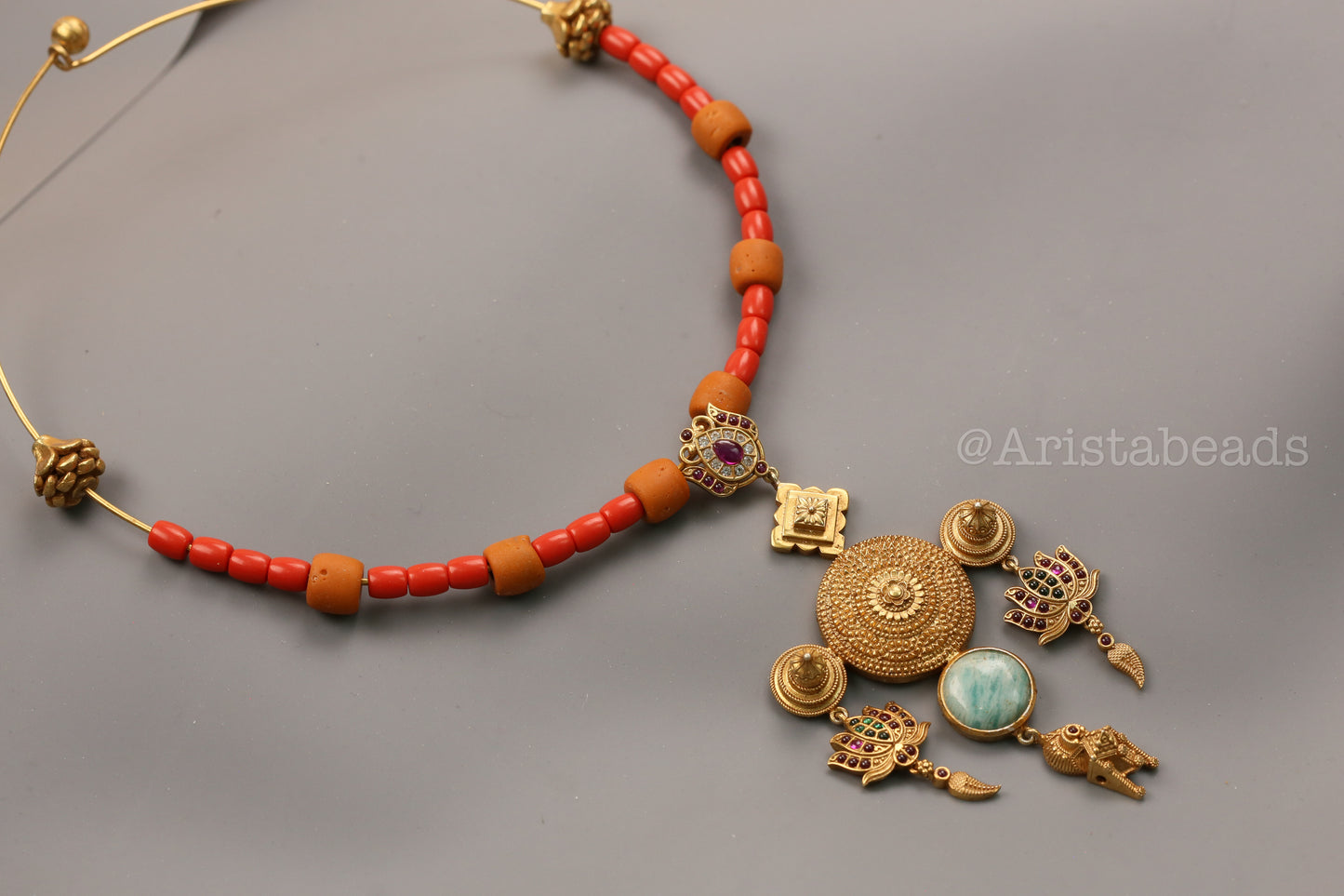 925 Silver Kemp Temple Hasli Necklace - Coral Beads