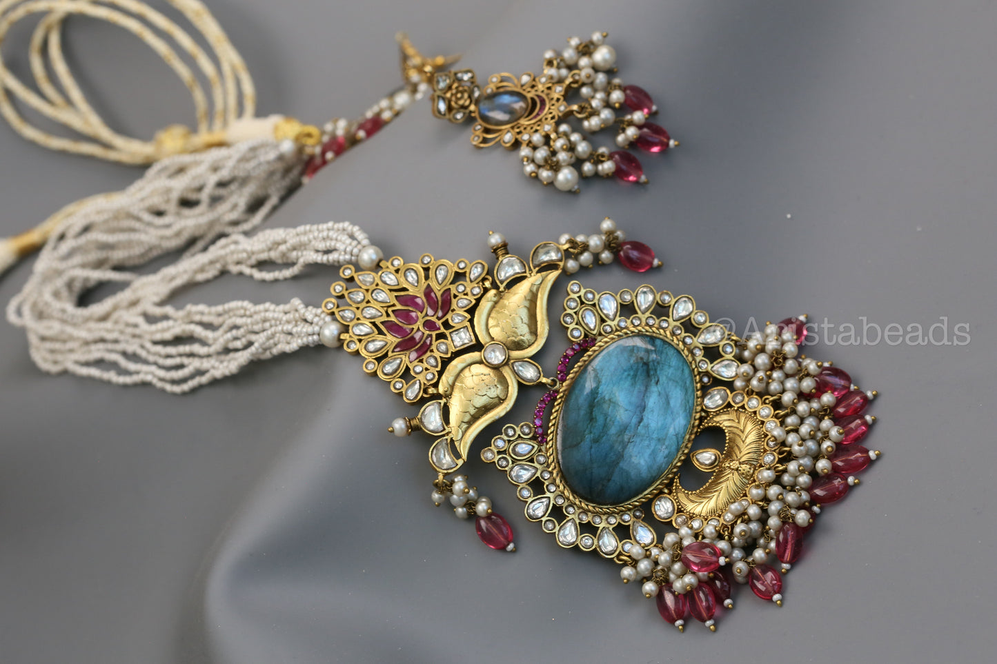 Real Labradorite Jadau Kundan Necklace Set