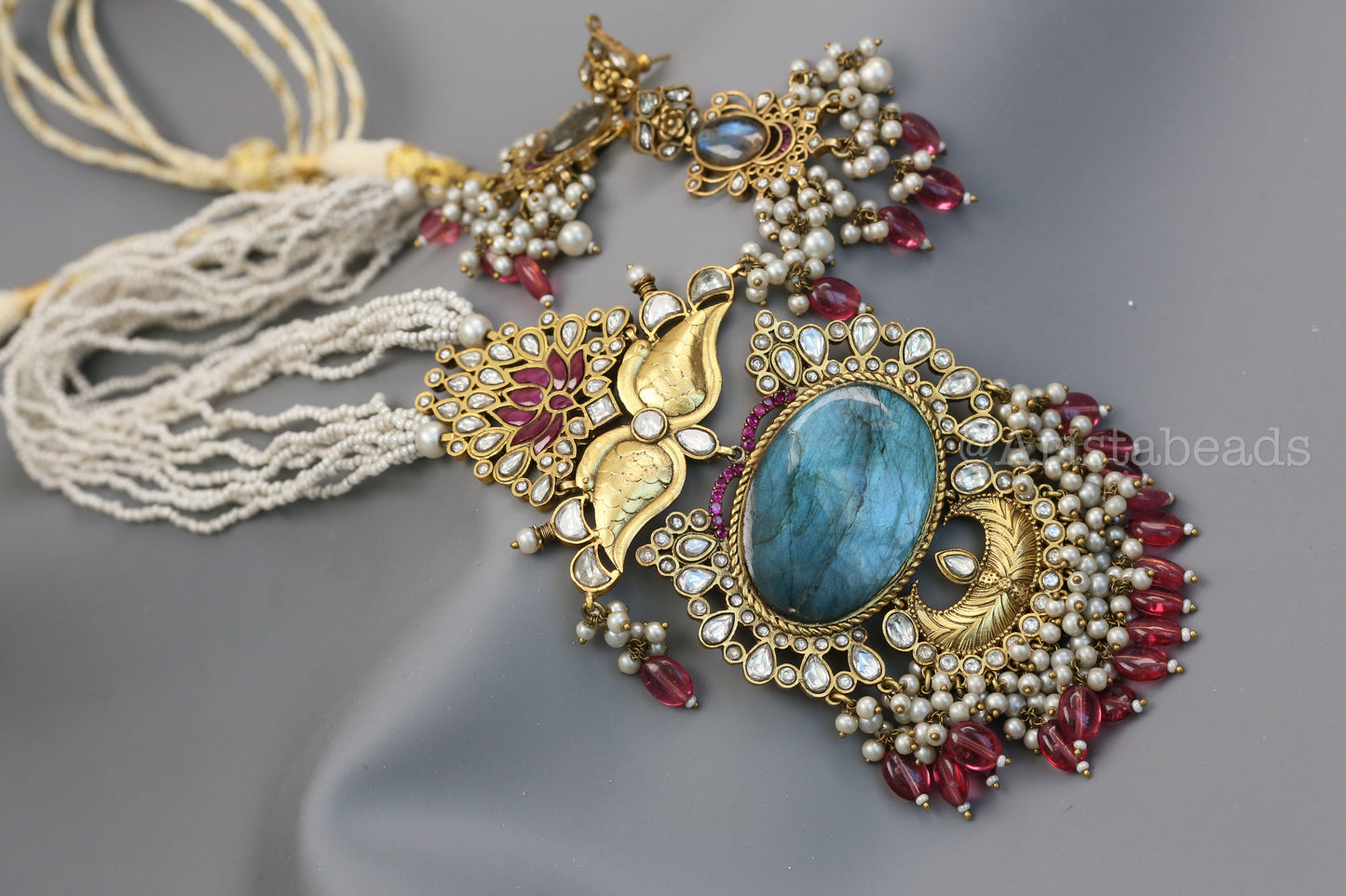 Real Labradorite Jadau Kundan Necklace Set