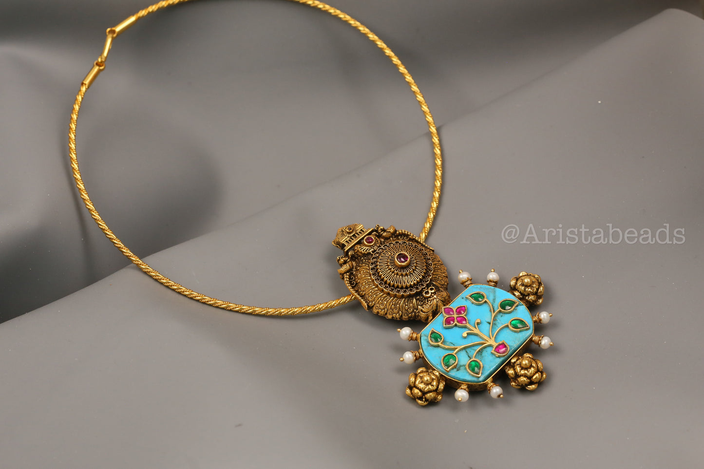925 Silver Turquoise Kundan Inlay & Temple Motif Pendant