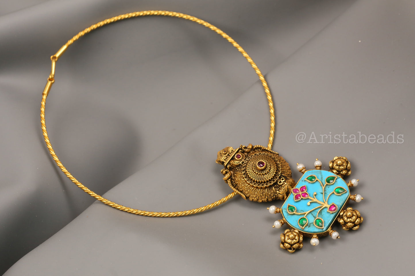 925 Silver Turquoise Kundan Inlay & Temple Motif Pendant