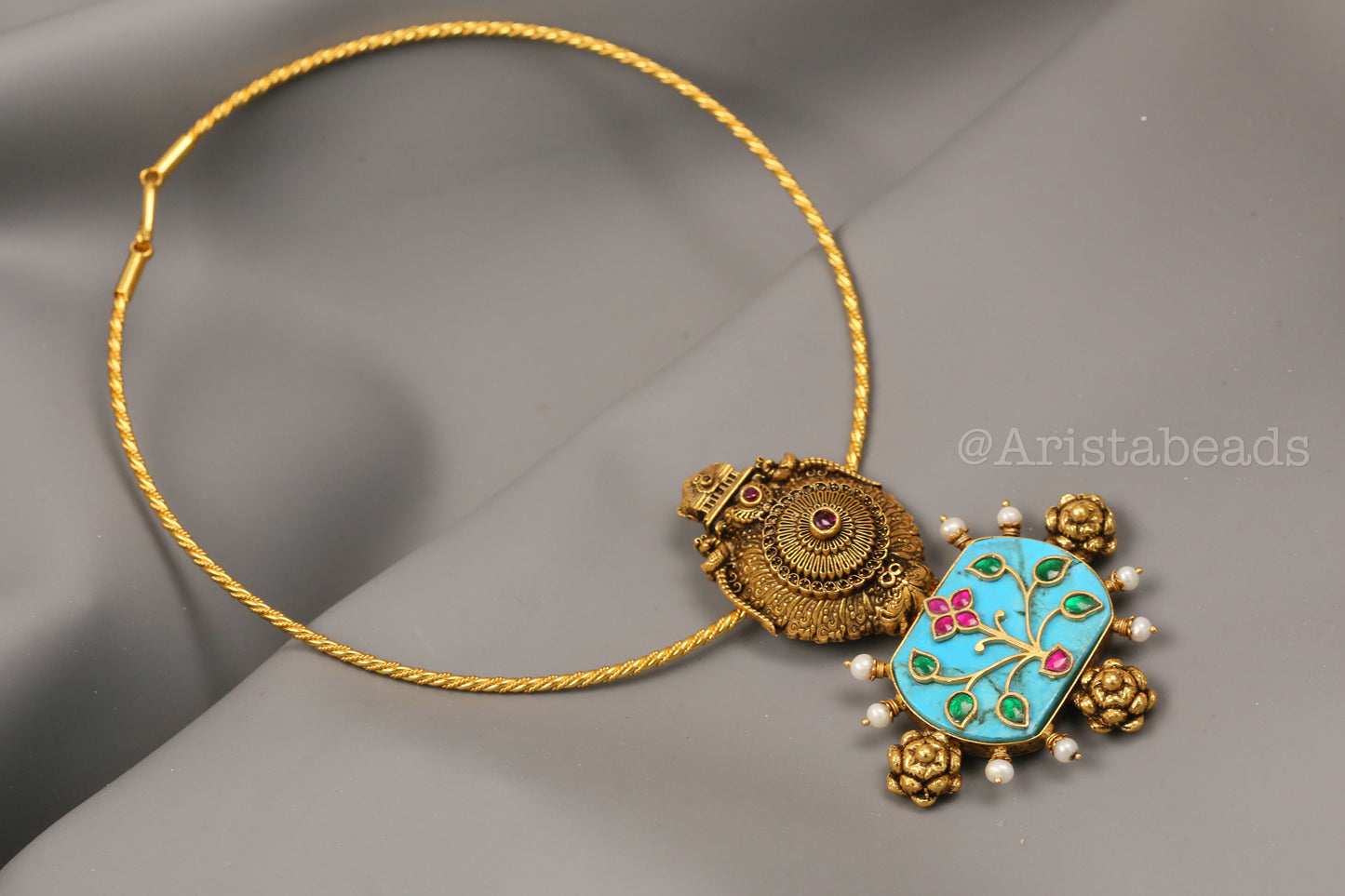 925 Silver Turquoise Kundan Inlay & Temple Motif Pendant