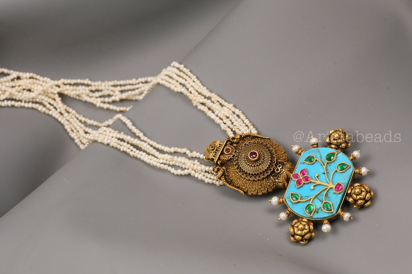 925 Silver Turquoise Kundan Inlay & Temple Motif Pendant