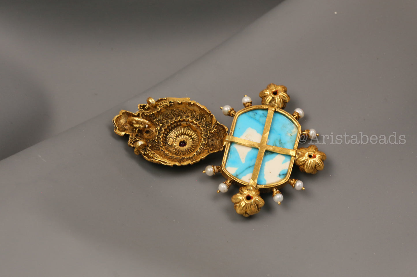 925 Silver Turquoise Kundan Inlay & Temple Motif Pendant